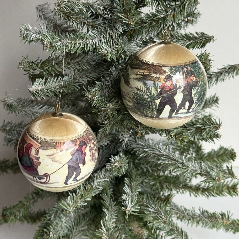 Lot of 2 Currier & Ives A RIDE TO SCHOOL & CHRISTMAS SNOW Satin Ball Ornaments